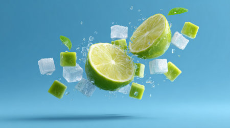 Juicy lime halves and vibrant ice cubes are suspended mid-air, conveying a fresh and cool concept ideal for summer drinks or culinary inspirations.の素材