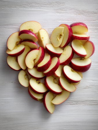 Sliced apples are artistically arranged to form a heart shape, symbolizing wellness and healthy living on a light wooden background.の素材