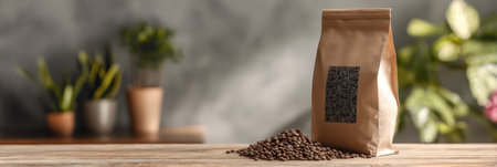 Premium cat food bag positioned on a wooden counter, with cat food scattered around, creating a natural and bright kitchen atmosphere.の素材