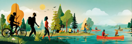 Experience the joy of outdoor activities like hiking, biking, and canoeing amidst the beauty of nature, surrounded by trees, water, and sunny skies.の素材