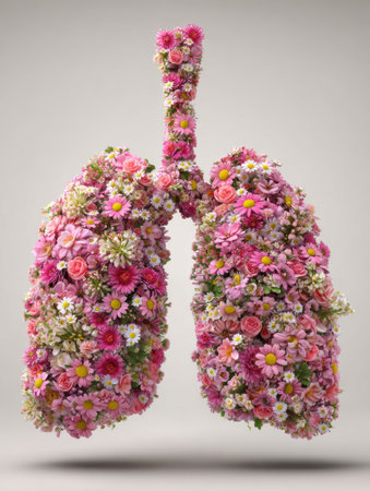Vibrant flowers bloom within the shape of lungs, representing the connection between nature, health, and clean air in a creative artistic display.の素材