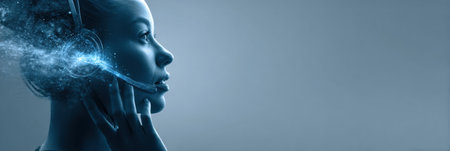 A person interacts with a glowing real-time translation headset while listening intently in a simple background, showcasing advanced communication technology.の素材