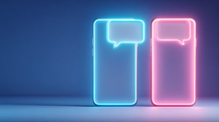 Two glowing speech bubbles hover above smartphone outlines in a soft, minimal backdrop, suggesting communication or conversation in a digital context.の素材