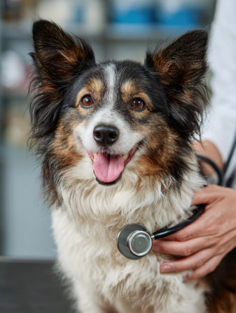 A joyful dog is being attended to by a veterinarian in a veterinary clinic. The vet holds a stethoscope, ensuring the dogs health and wellbeing.の素材