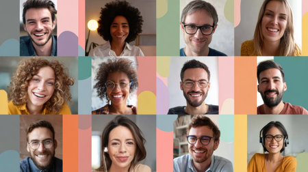 Virtual meeting showcases participants displaying a range of facial expressions, fostering connection and engagement within a contemporary interfaceの素材