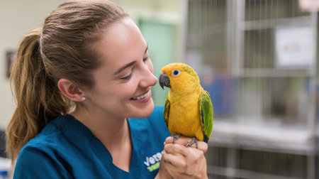 In a bright corner of the clinic, a vet assistant shares a playful moment with a colorful parrot, highlighting the joy of working with animals during the day.の素材