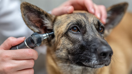 A veterinarian carefully inspects a dogs ear with an otoscope, ensuring the dogs health during a routine examination at a veterinary clinic.の素材
