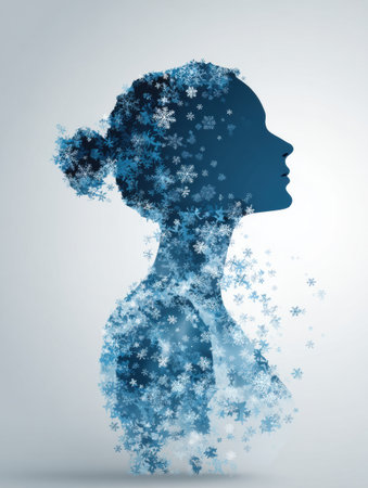 An infographic presents cold symptoms depicted as snowflakes spreading through a human silhouette, showing the upper area clean and unaffected.の素材