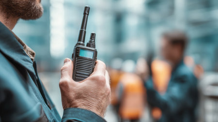 A man communicates with colleagues using a walkie-talkie at a construction site filled with activity and blurred movement in the background.の素材