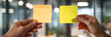 Two office workers are exchanging sticky notes through an open divider window, showcasing collaboration in a bustling contemporary office environment.の素材