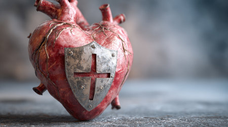 A visual representation of a strong heart symbol integrated with a shield, emphasizing the importance of menâs health and resilience in life.の素材