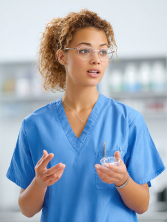 A nurse is discussing methods to prevent colds, holding a small container while advising on health measures in a sterile medical environment.の素材