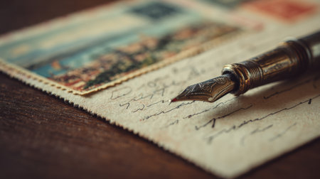 Vintage tones create a warm atmosphere as a pen hovers over a postcard, inviting personal messages on a quiet, reflective day.の素材