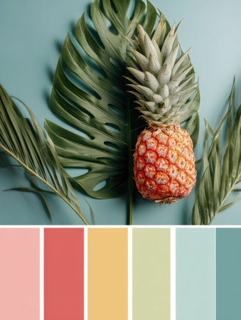 Bright pineapple rests atop large tropical leaves, showcasing a lively summer color palette that captures the essence of a tropical getaway.の素材