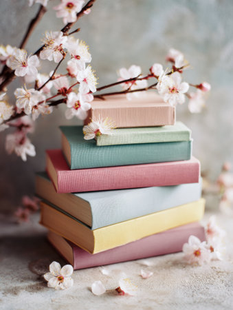 A stack of pastel colored books stands elegantly beside soft spring blossoms, creating a peaceful ambiance perfect for reading or relaxationの素材