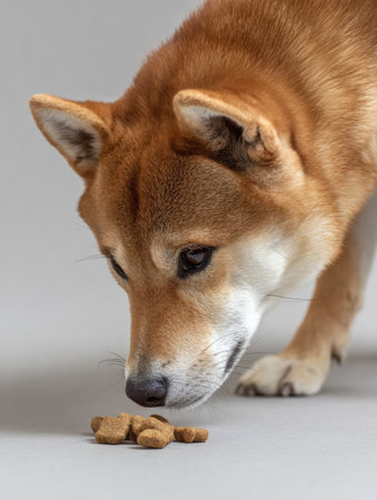A curious Shiba Inu intensely investigates dry food on a neutral backdrop. The focused expression highlights its playful nature and keen senses.の素材