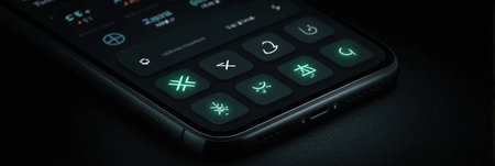 A glowing translator app displays symbols in a clean interface, highlighting its functionality in a dark environment, perfect for midnight use.の素材