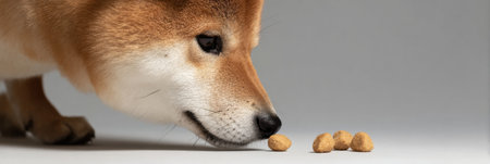 Shiba Inu intently sniffs dry food scattered on a neutral background, highlighting its keen sense of smell and curious nature in a softly lit environment.の素材