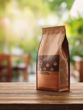 A premium cat food bag stands prominently on a wooden counter, showing its design in a vibrant and welcoming setting filled with natural light.の素材