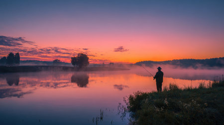 A man stands by the pond, casting his line while the sun rises, illuminating the landscape with vibrant colors and creating a peaceful atmosphere.の素材