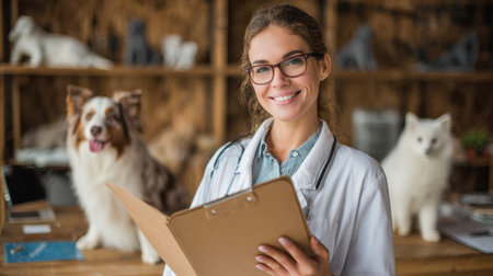 Vet professional holds a file folder while smiling at her desk surrounded by cheerful pet models and a friendly dog and cat in the background.の素材
