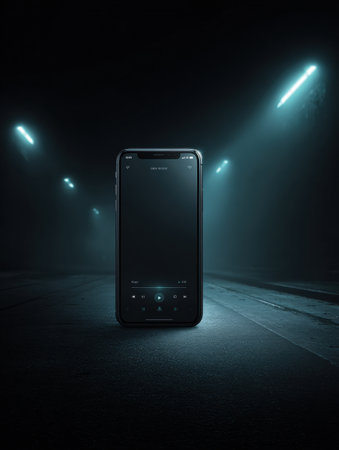 A voice memo screen glows gently at night, surrounded by deep darkness, creating a serene and solitary atmosphere in a clean area.の素材