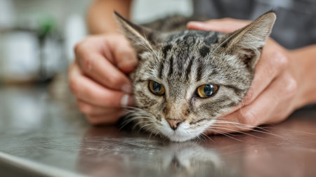 A veterinarian offers a treat to a cautious cat resting on a metal table, helping to calm the feline during its visit to the clinic for a check-up.の素材