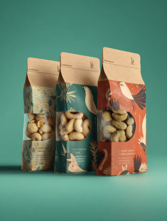 Brightly colored packaging features freeze-dried treats displayed creatively, highlighting different flavors and attractive natural illustrations.の素材