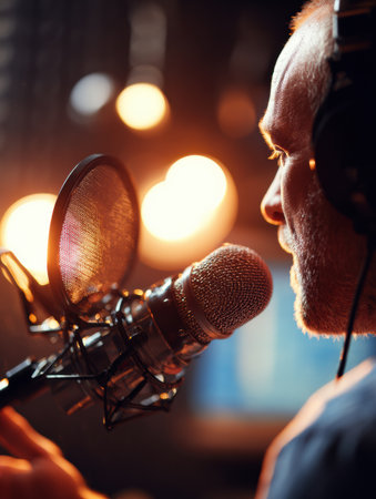 Radio host speaks into a professional microphone while studio lights create an energetic backdrop, enhancing the lively broadcasting experience.の素材