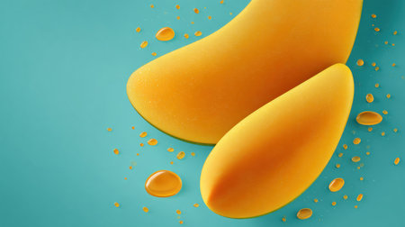 Vibrant mango slices float against a clean turquoise background, casting realistic drop shadows. Freshness and color contrast create an inviting visual.の素材