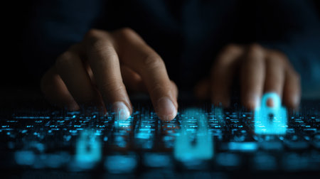 Focused individual engages with digital locks displayed on a keyboard, emphasizing the importance of cybersecurity measures in a data-driven worldの素材