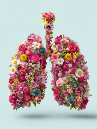 A vibrant flower arrangement in the shape of lungs highlights the vital message of clean air and health in a unique way.の素材