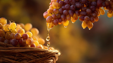 Vibrant grapes cascade from a woven basket, glistening with moisture as golden light envelops the scene, inviting a sense of warmth and abundance.の素材