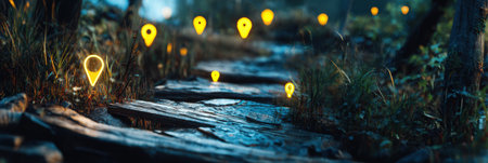 A glowing hiking trail features bright map pin icons marking waypoints through a serene forest at dusk, inviting exploration and adventure.の素材