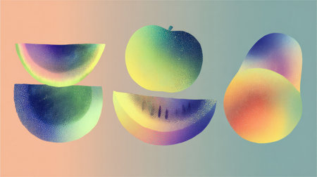 Fruit shapes featuring vibrant gradients create a visually appealing aesthetic, perfect for design projects and creative applications.の素材