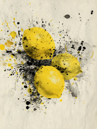 Colorful digital collage showcases lemons with a vivid ink and splatter effect, providing an artistic backdrop ideal for various creative projects.の素材