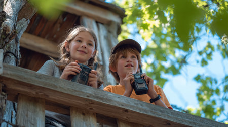 Two children are engaged in conversation using walkie-talkies while enjoying their time in a treehouse on a sunny day with a clear blue sky.の素材