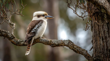 A kookaburra rests on a branch, surrounded by blurred distant trees under gentle light, embodying a peaceful moment in its natural habitat.の素材