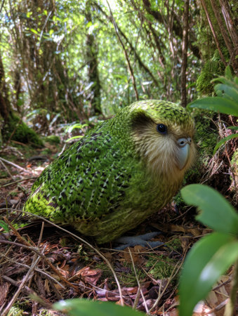Kakapo calmly sits on the forest floor, nestled among vibrant foliage while soft sunlight filters through the trees, creating a peaceful atmosphere.の素材