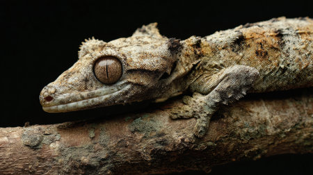 Close-up view of a leaf-tailed gecko camouflaged on tree bark showcases its unique adaptations for blending into the environment.の素材