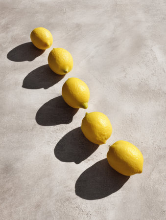 Five vibrant lemons are arranged in a row on a smooth concrete background, their shadows softly stretching out as natural light highlights their color.の素材
