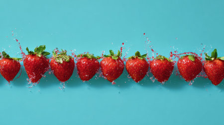 Fresh strawberries burst into juice, creating a lively transition effect against a vibrant background, highlighting the natural beauty of the fruit.の素材