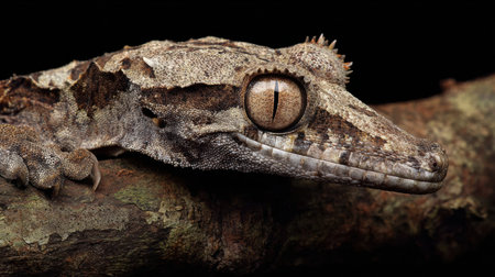 Leaf-tailed gecko blends seamlessly with tree bark, showcasing remarkable camouflage abilities and fine detail of its textured skin during daylight hours.の素材