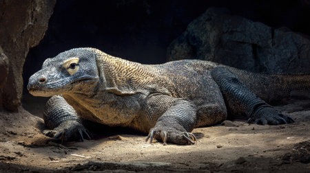 A large Komodo dragon lies comfortably on the ground, basking in warm sunlight and casting sharp shadows, basking in a spacious environment.の素材