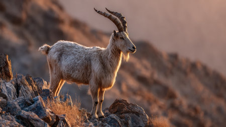 A majestic markhor is perched on a rocky slope, its twisted horns catching the warm hues of sunset while the landscape unfolds in the background.の素材
