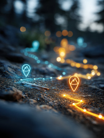 Glowing trail markers guide hikers along a forest path surrounded by trees, creating a mystical atmosphere as daylight fades.の素材