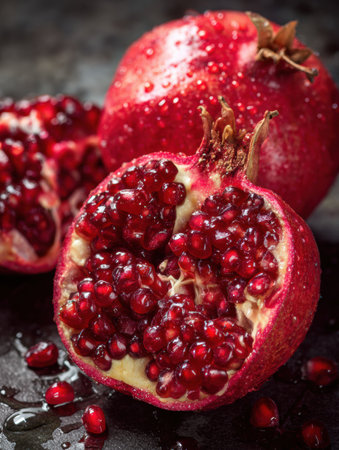 A ripe pomegranate is opened, revealing bright red seeds spilling out in a captivating display under gentle side lighting on a dark countertop.の素材