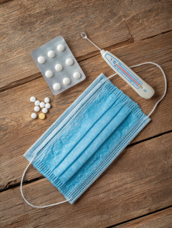 A medical mask rests on a wooden surface alongside a thermometer and assorted pills, indicating health precautions and care items in the setting.の素材