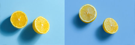 Bright yellow lemon wedges are arranged against a soft blue background, highlighting their freshness and offering a burst of color ideal for culinary themesの素材