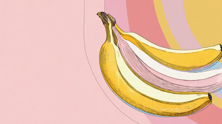 Curved banana line art displayed over a soft pastel background, creating a minimalist aesthetic with ample space above, perfect for modern decor or branding.の素材